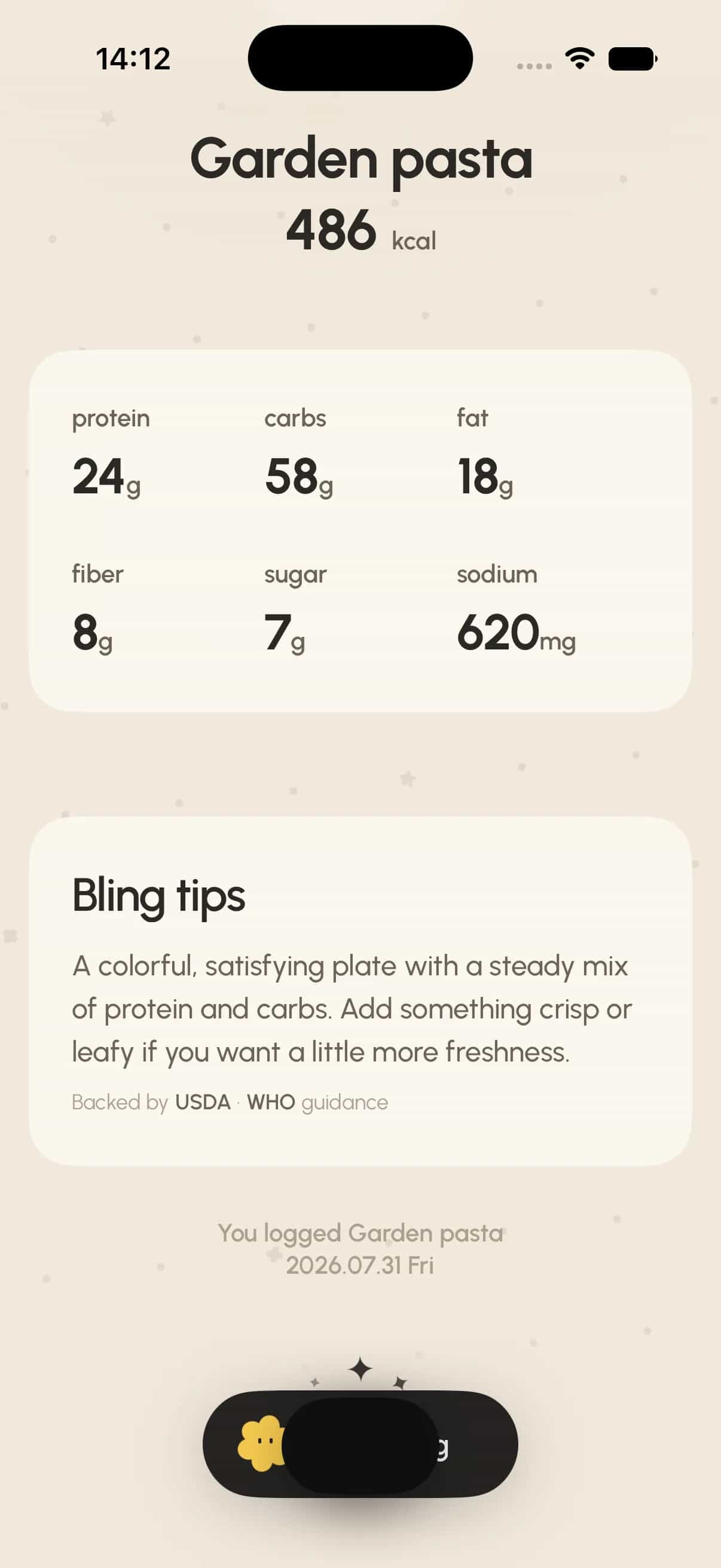 bling meal detail screen: Garden pasta, 486 kcal, with protein, carbs, and fat estimates ready to review