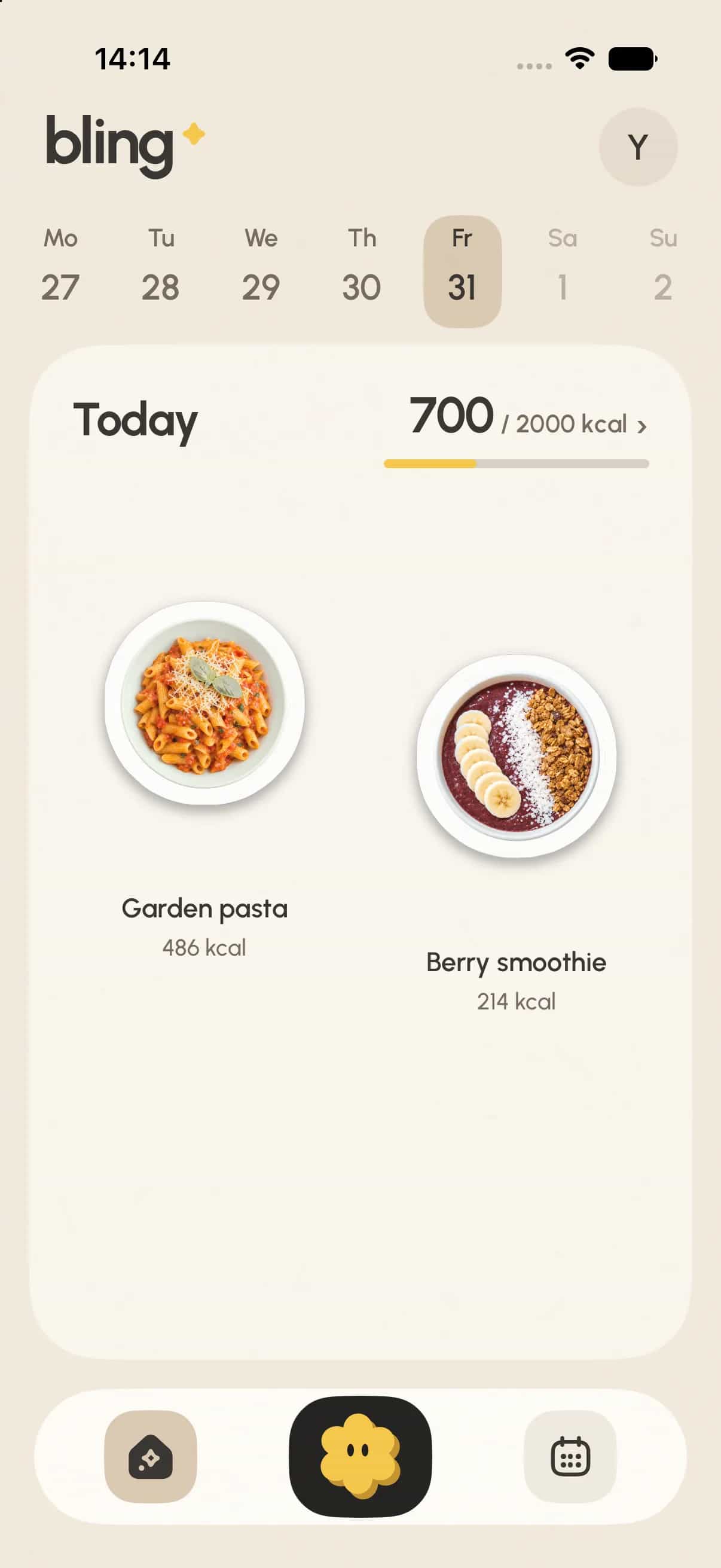 bling home board: Garden pasta and Berry smoothie kept as die-cut stickers with 700 of 2,000 kcal logged
