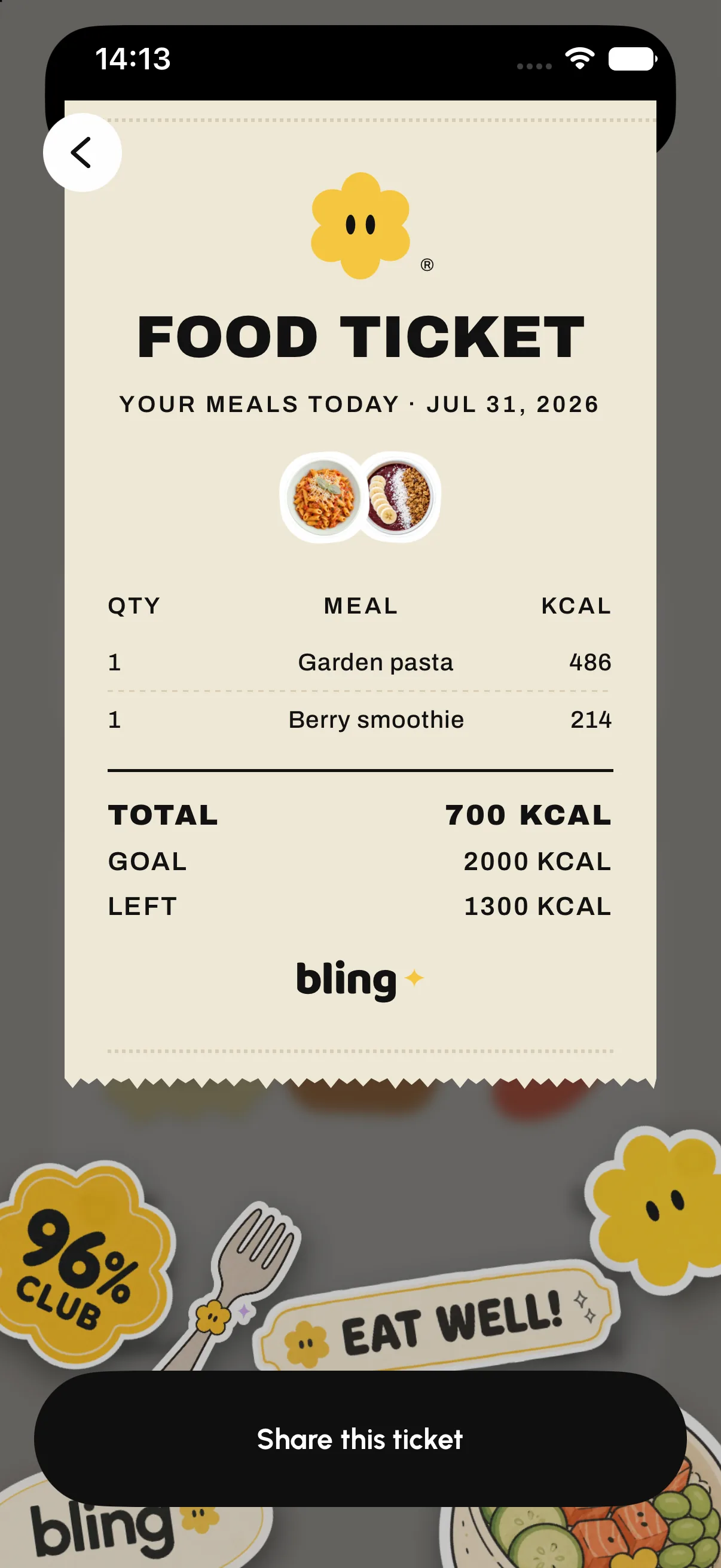 bling FOOD TICKET screen: the day printed as a receipt with meals, kcal totals, and a tear-off edge