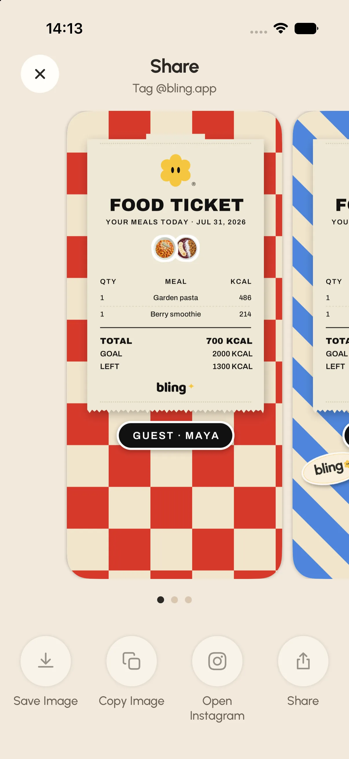 bling share screen: the FOOD TICKET on a red and white checkered card ready to post