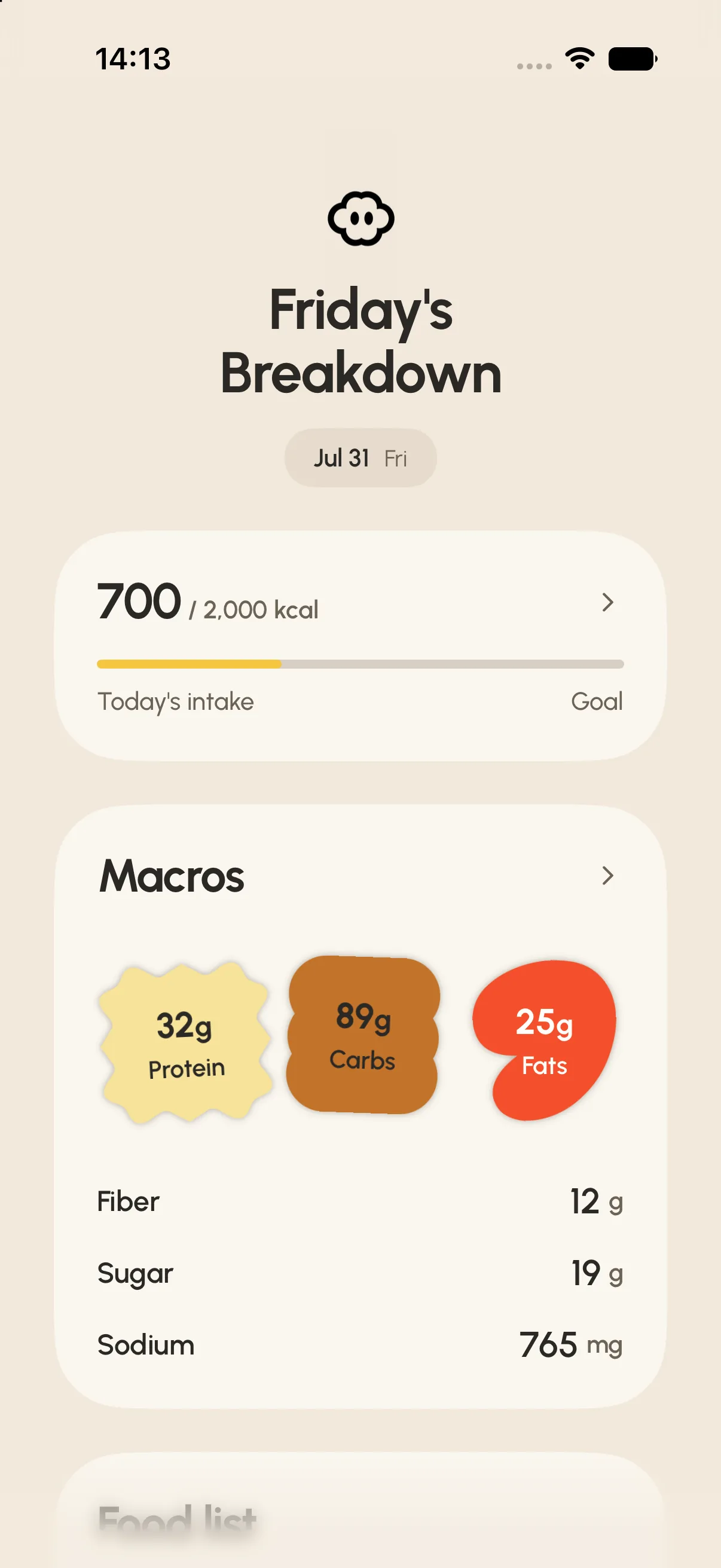bling Today's Breakdown screen: 700 of 2,000 kcal with protein, carbs, and fats chips
